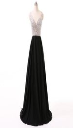 Beaded Sheer V Neck Chiffon Evening Gowns Black 2019 Long Evening Dresses Sexy Backless Prom Gown7033896