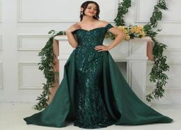 2020 Deep Green Mermaid Prom Dresses Sparkle Off Shoulder African Formal Evening Dress Sexy Party Gown with Overskirt4620667