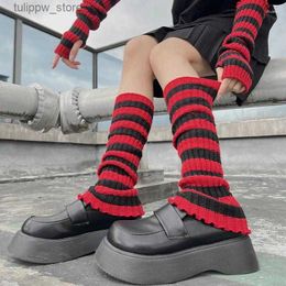 Protective Sleeves Women Socks Lolita Long Womens Red Black Strip Arm Warmer Keep Sleeve Autumn Winter Crochet Boot Cuffs Accessories L240312