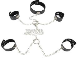 BDSM Bondage Gear Set Neck Collar with Chained Wrist Cuffs Ankle Cuff Black PU Leather BDSM Fetish Sex Play Toys Body Restraint Ha7830253