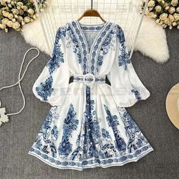 Casual Kleider Frauen Bohemian Kleid 2024 Frühling Sommer Druck Lange Laterne Hülse V-ausschnitt Korsett Schlanke Taste Plissee Urlaub 554