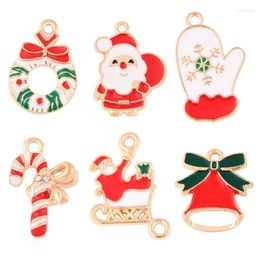 Charms 10pcs Gold Color Cute Enamel Mix Christmas Deer Candy Cane Snowflake Bell Pendant For DIY Handmade Jewelry Accessories