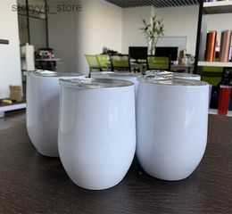 Mugs Egg Shaped White Sublimation Blanks 12oz Stemless Double walled Stainless Steel Vacuum Insulated Wine Tumbler Cups with Sliding Lid And Straw L240312