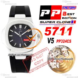 5711/1A CAL A324SC Relógio masculino automático PPF V5 Caixa de aço Mostrador de textura azul Marcadores de bastão branco Pulseira de borracha Super Edition Reloj Hombre Puretimewatch PTPP