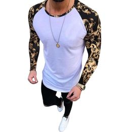 2019 Floral Patchwork Long Sleeve Round Neck TShirt Men Slim Fit Casual Summer Top5070007