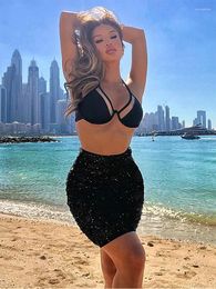 Women's Swimwear Sexy Black Three-piece Bikinis Set With Mesh Skirt Swimsuit Micro Halter Bathing Suits Push Up High Cut Women