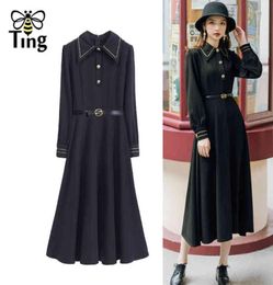 Vintage Elegant Button Decor 90S Retro Women Dress Lapel Collar Midi Long Casual Chic Church Vestidos Robes 2105134269600