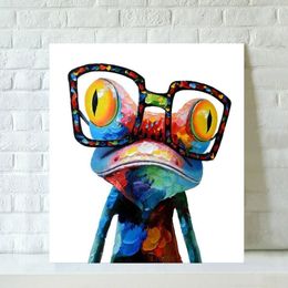 Pop Art Hand Painted Cartoon Animal Canvas Oil Painting Living Room Home Decoration Modern Paintings-Wearing Glasses Frog Framed A199a