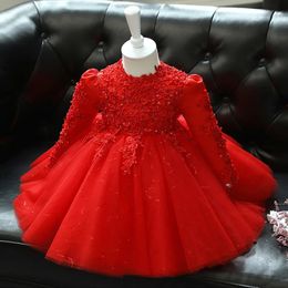 Red Lace Sequin Baby Girl 1 Year Birthday Dress Long Sleeve born Christening Gown Infant Toddler Baptism Princess Vestidos 240307