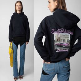 Women Hoodies Sweatshirts winter new French niche ZV with purple car white ink digital print fleece womens hoodie on the backZ