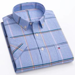Mens Summer Casual Short Sleeve 100% Cotton Thin Oxford Shirt Single Patch Pocket Standard-fit Button-down Plaid Striped Shirts 240307