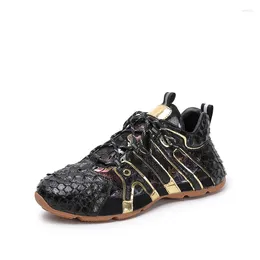 Casual Shoes Unisex Style Authentic Real Leather Black Gold Women Men Chic Sneakers Genuine Exotic Male Lace-up Walking Flats