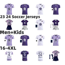 23 24 ClubToulouse Soccer Jerseys 21 Rafael Ratao 3 Zakaria Aboukhlal 5 Denis Genreau 12 Issiaga Sylla 9 Rhys Healey 27 Thijs Dallinga Football Shirt Kits White Purple