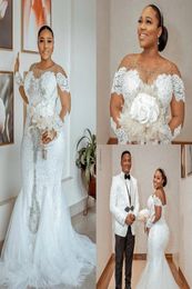 Arabic Style 2022 Plus Size Mermaid Wedding Dresses With Appliques Sweep Train Long Sleeve Beaded Bridal Party Gowns Vestido De No1493105