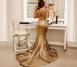 Sexy Cheap Champagne Sequins Mermaid Prom Dresses Deep V Neck Sweep Train Open Back Formal Dresses Evening Party Wear ogstuff vest5355764