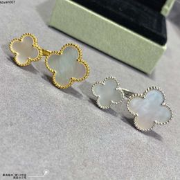 Brand Designer Double White of Pearl Leaf Clover Flower Charm Ring for Women with Box Party Gift