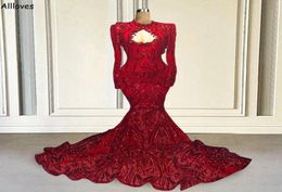 Gorgeous Red Sequined Lace Mermaid Evening Dresses With Long Sleeves Sexy Hollow Neck Dubai Arabic Turkey Prom Party Gowns Trumpet3923694