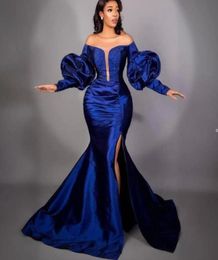 UPS 2022 Dubai Arabic Abigail Plus Size Mermaid Prom Dresses Long Puffy Sleeves Beaded High Side Split Floor Length Formal Dress E1250352
