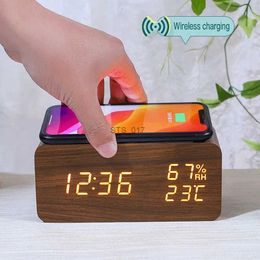 Other Clocks Accessories Digital Alarm Clock Wooden Temperature And Humidity Alarm Clock LED Electronic Clock Smartphone Wireless ChargerL2403