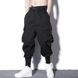 Casual MultiPocket Cargo Trousers Loose Harem Pants Fashion Outdoor Hip Hop Streetwear Male Drawstring Elastic Black Sweatpants 240305