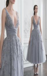 Paolo Sebastian Prom Dresses Lace Appliqued Rhinestones A Line Tea Length Evening Gowns Custom Made V Neck Cocktail Party Dress4275161