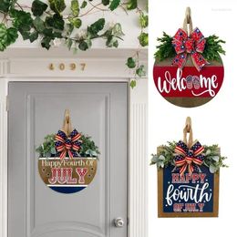Decorative Flowers Patriotic Door Hanger Welcome Sign For Independence Day Bowknot Artificial Wreath Red White And Blue