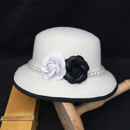 Wide Brim Hats Bucket Hats High quality white camellia fedora Pearl Band % wool felt hat Floppy Ladies Wedding Church Hat Pork Pie Trilby hat Q240312