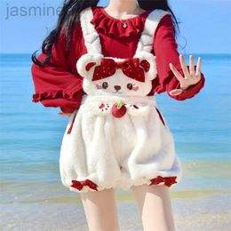 Shorts Women's Japanese Kawaii Lolita Plush Overalls Shorts Bear Strawberry Short Pants Shorts Clothing ldd240312