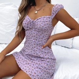 Casual Dresses Women's Slim Mini Dress Floral Printed Square Collar Sleeveless Empire Waist Wrapping Period Summer 2024