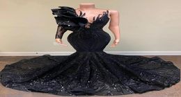 Sexy Elegant Evening Dresses 2021 Mermaid Style Single Long Sleeve Black Sequin applique African Girl Gala Prom Party gown2542310