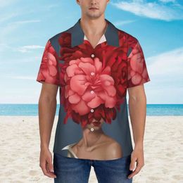 Men's Casual Shirts Abstract Women Head Beach Shirt Male Bouquet Red Flower Prin Summer Short Sleeve Novelty Oversized Blouses Gift