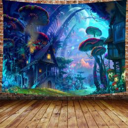Psychedelic Mushroom Forest Fairy Tale Forest Tapestry Wild Animals Poster Mural for Room Dorm305R