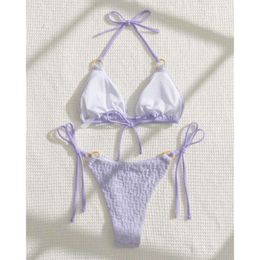 2024 Style Bikini Designer Swimwear Bikini Two Piece Set with Sexy Purple French Hanging Neck Printed Pattern