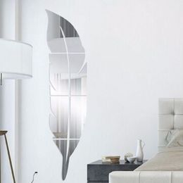 Acrylic Feather Mirror Sticker 3D Art Removable Wall Stickers Creative DIY Dressing Decal Bedroom Living Room Decoration286a