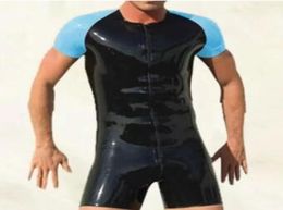 PVC Faux Leather Catsuit Costumes Lake Blue and black mens Tights Bodysuit Simple jumpsuits Cool Suit 3ways front zipper to Ass7836691