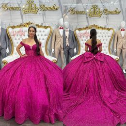 Barbie pink princess quinceanera dresses ball gown off shoulder glitter sequins vestido de quinceanera bow knot Sweet 15 Masquerade Dress