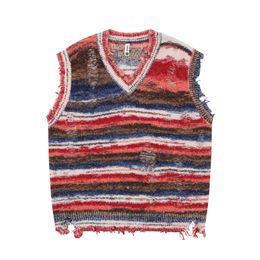 Vintage Gradient Stripe Baggy Knitted Sweater Y2k Vest Washed Ripped Knitwears Tank Top Tie Dyeing VNeck Sleeveless Pullovers 240312