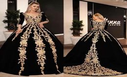 Long Evening Dresses 2022 Gorgeous Ball Gown 34 Long Sleeve Vneck Arabic Gold Lace Velvet Black Women Formal Evening Gowns BC11111929800