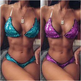 Womens Swimwear 2024 Two Colours Bikini Set Female Split Swimsuit Women Sexy Shining Sequin Invisible Stape Biquini 29EC