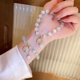 Bangle 2023 Exquisite Opal Beaded Bracelet for Women Elegant Lucky Cat Pendant Adjustable Bracelets Fashion Friendship Jewelry Gifts