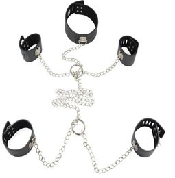 2024 BDSM Bondage Gear Set Neck Collar with Chained Wrist Cuffs Ankle Cuff Black PU Leather BDSM Fetish Sex Play Toys Body Restraint Ha7647363 Best quality