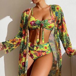 Women's Swimwear Fashion Printing Split Three-piece Swimsuit Lace Up Design High Waist Slim Sexy Bikini Triangle Long-sleeved Bathing Suit