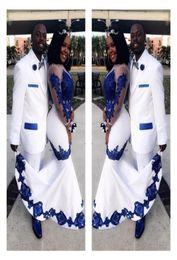 New White Satin Royal Blue Lace Aso Ebi African Prom Dresses Long Illusion Sleeves Applique Evening Formal Gowns Pageant Celebrity7931268