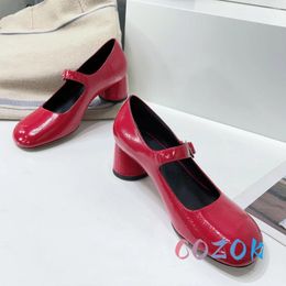 Dress Shoes 2024 Shiny Red Leather Round Toe High-heel Mary Jane Full Real Women's Heel Dance Elegant