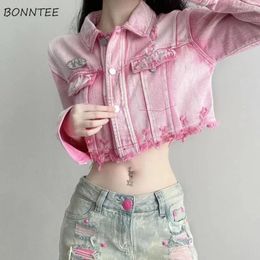 Women's Jackets Women Denim Pink Tie-dye BF Style High Street Autumn Feminino Simple All-match Crops Design Chic Vintage Outwear