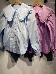Women's Blouses 2024 Summer Women Retro Doll Collar Poplin Cotton Classic Shirt