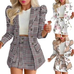 Two Piece Dress Women Coat Skirt Set Elegant Floral Cheque Print Suit For High Waist Jacket Ensemble With Long Sleeves Formal