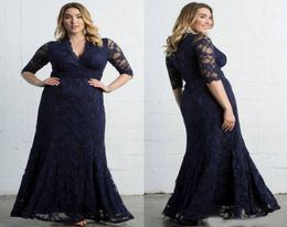 Dark Navy Plus Size Lace Formal Dresses With Long Sleeves VNeck Ankle Length Evening Gowns Cheap Mermaid Prom Dress9376641