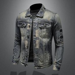 2023 mens denim jacket retro trend loose casual handsome streetwear high street fashion hole Slim lapel 240307