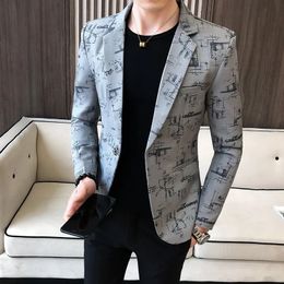 Men Blazer 2024 Spring Fashion Highquality Korean Version of The Printed Slim Formal Wedding Party Prom Suit Jacket 240301